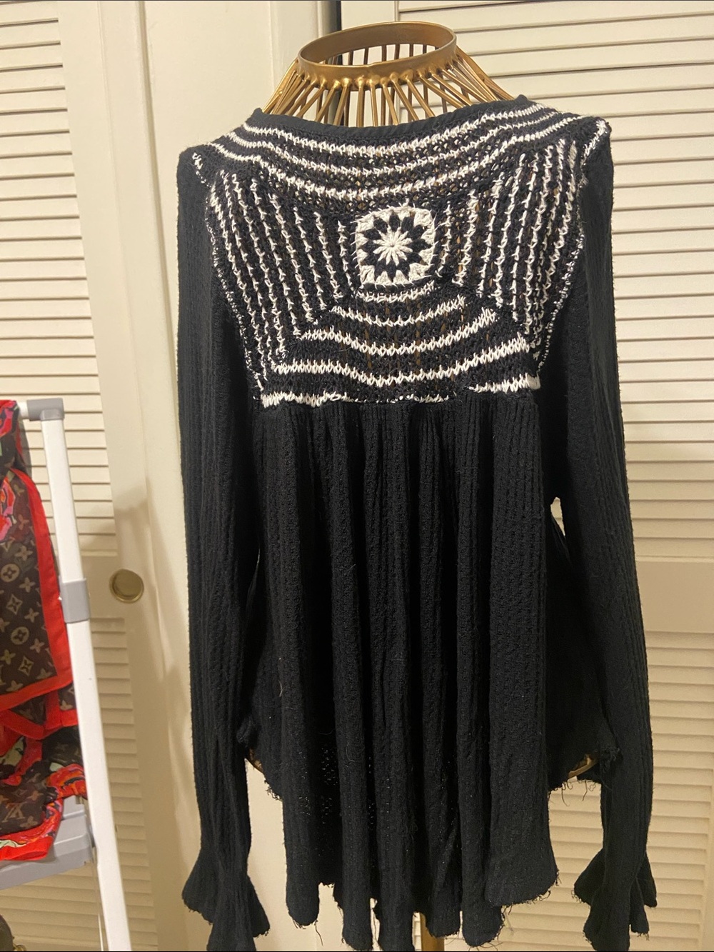Free People Black Knit Sweater with White Crochet Yoke
